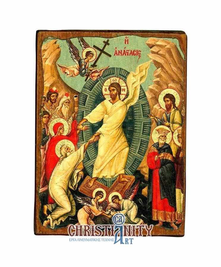 The Resurrection of Christ - Wooden aged image on canvas with golden background - Mount Athos