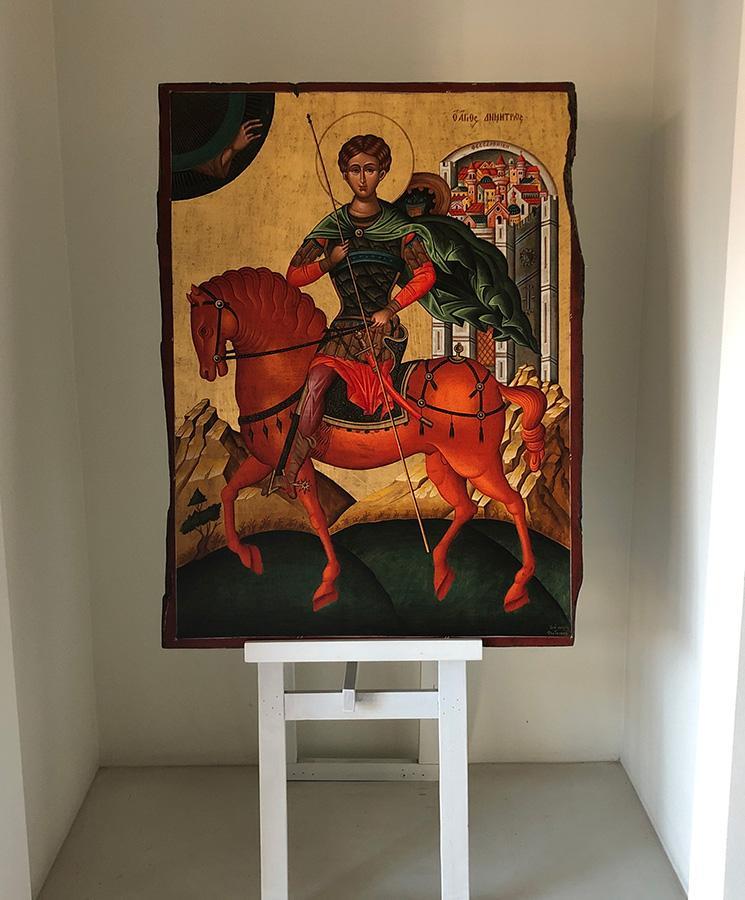Saint Demetrius - 100% handmade wooden picture on canvas with gold background - Mount Athos — additional product image 8 from Christianity Art