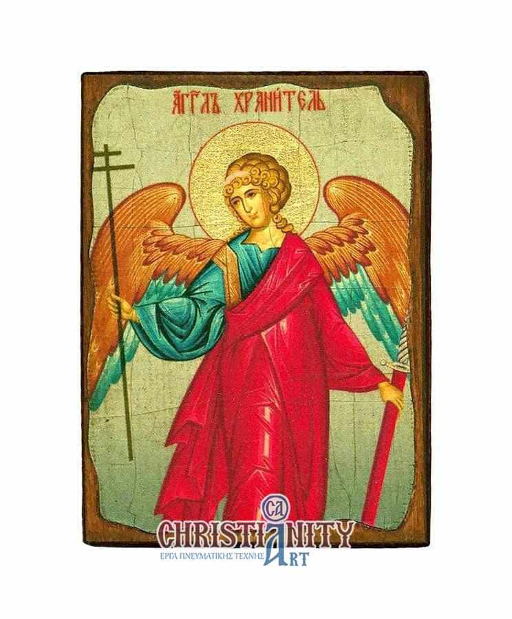 Protector Angel - Wooden aged image on canvas with golden background - Mount Athos