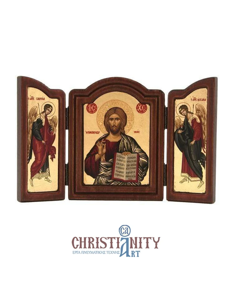 Christ Almighty - Old wooden icon triptych on canvas with golden background - Mount Athos