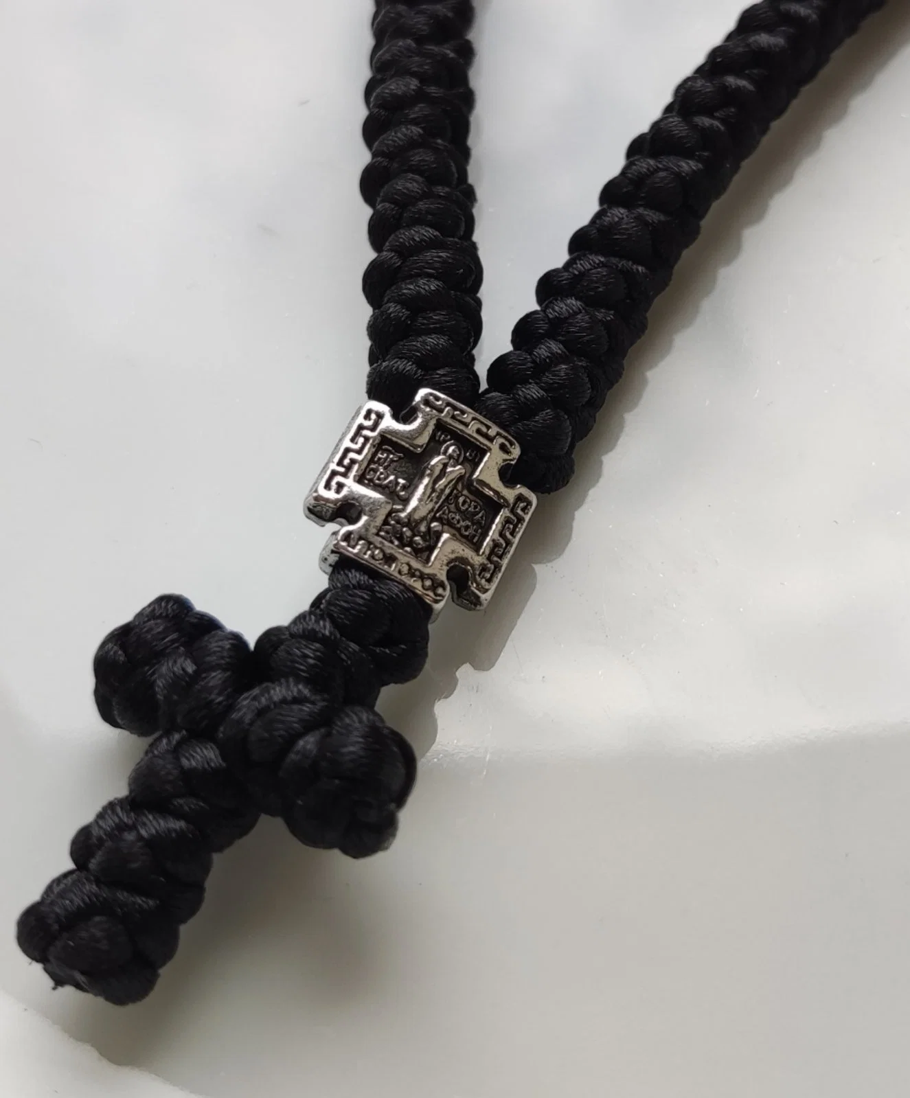Athonite Waxed Prayer Rope with Metal Cross & Red Bead – Black — additional product image 4 from Christianity Art