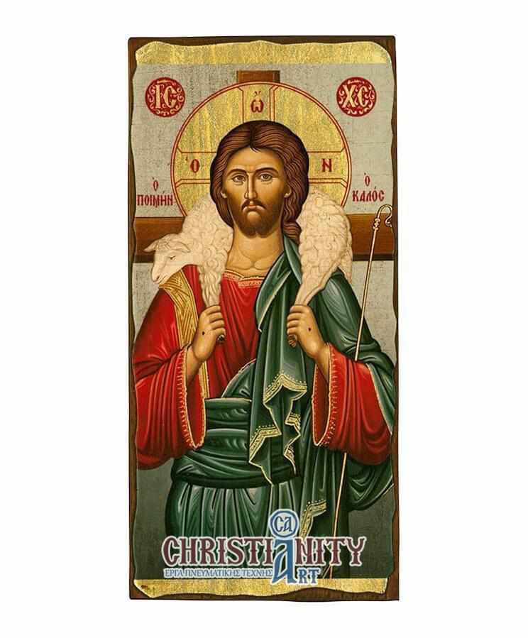 Christ Good Shepherd - Wooden aged image on canvas with golden background - Mount Athos