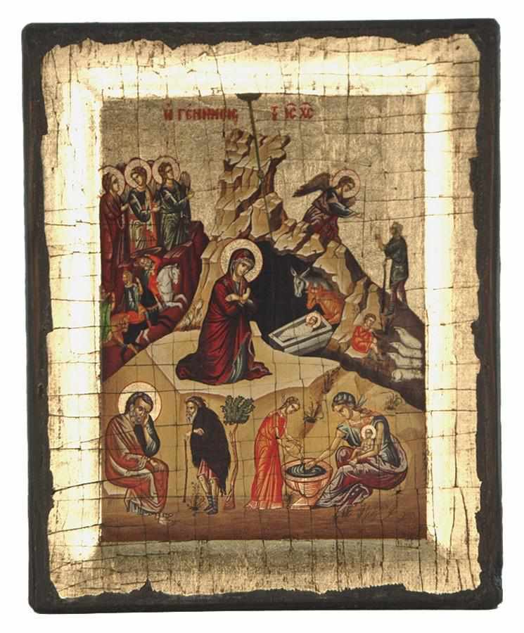 The Birth of Christ - Engraved wooden aged image on canvas with golden background - Mount Athos — additional product image 5 from Christianity Art