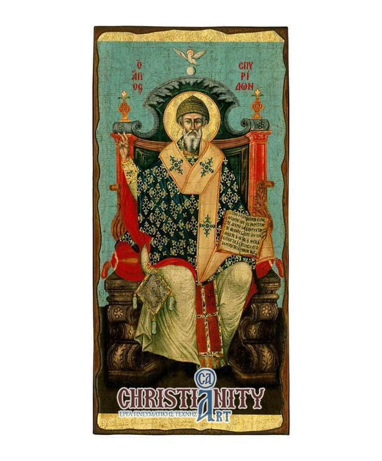 Saint Spyridon - Wooden aged image on canvas with golden background - Mount Athos