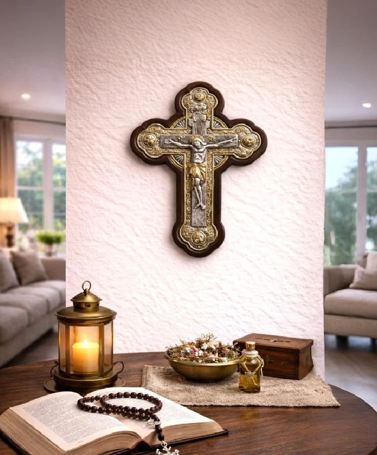 Saint Cross – Wooden Silver Cross Blessing with relief Crucifixion — additional product image 2 from Christianity Art