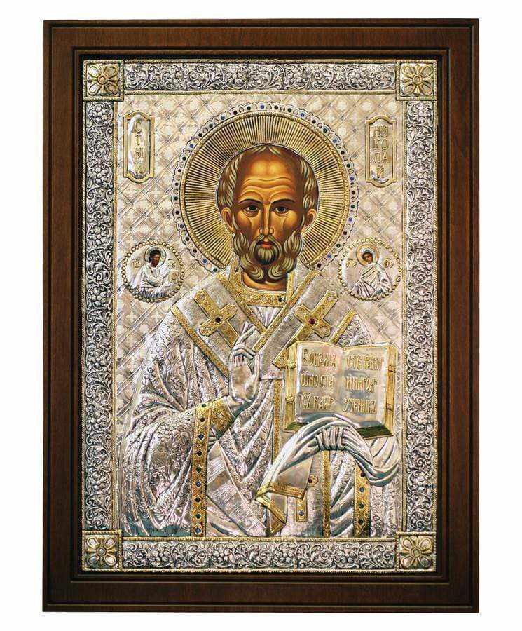 Saint Nikolaos - Silver image in wood, locally gold plated - Mount Athos — additional product image 5 from Christianity Art