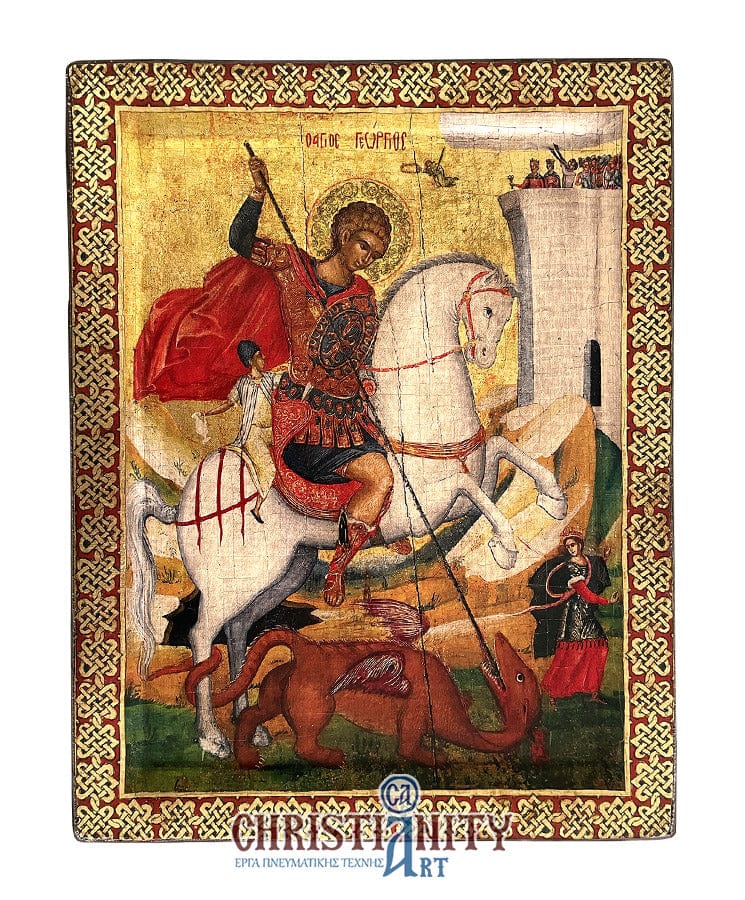 Saint George - Excavated wooden aged image on canvas with gold background - Mount Athos