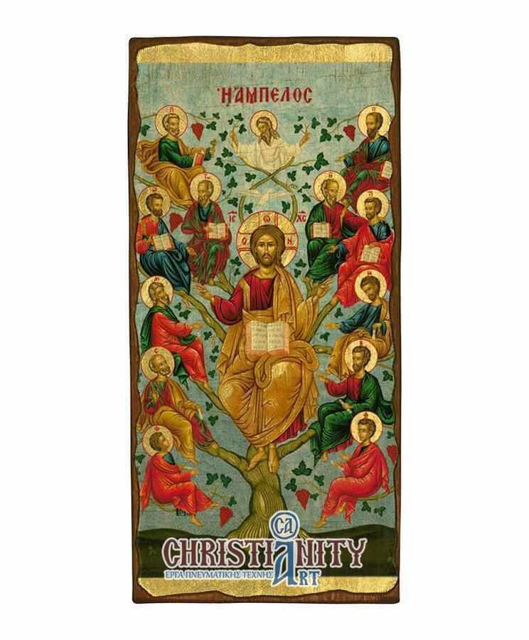 Vineyard - Wooden aged image on canvas with golden background - Mount Athos