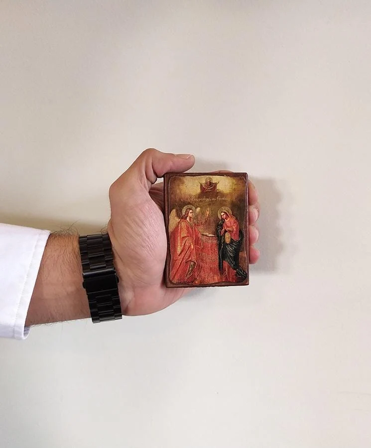 The Annunciation - Wooden aged image on canvas with golden background - Mount Athos — additional product image 4 from Christianity Art