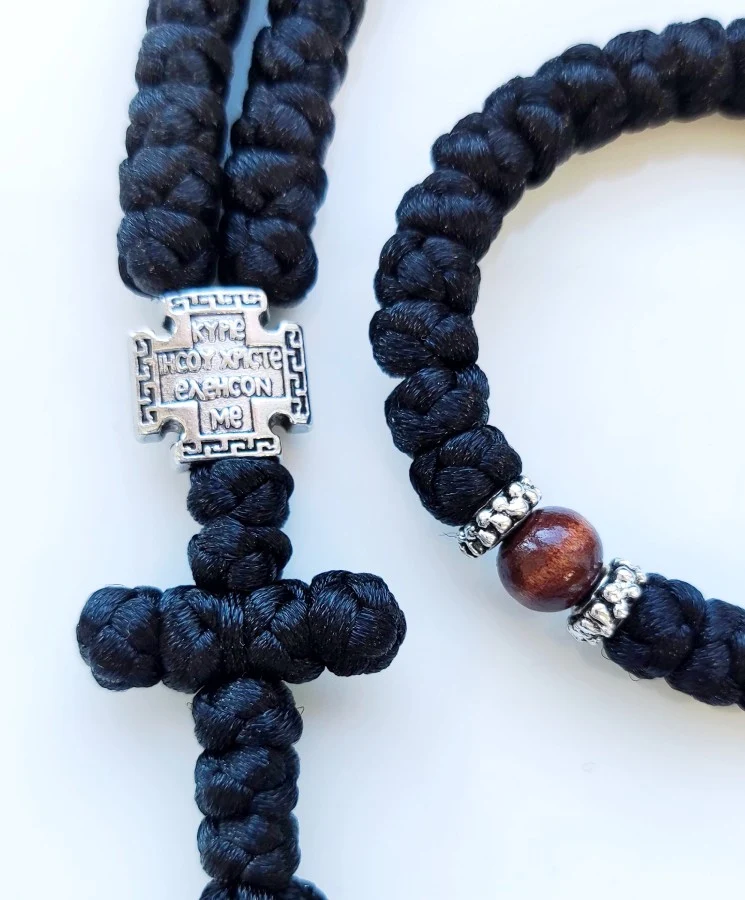 Athonite Waxed Prayer Rope with 100 Knots, Metal Cross & Tassel – Black with Coloured Beads — additional product image 6 from Christianity Art