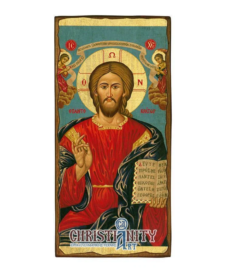 Christ Almighty - Wooden aged image on canvas with golden background - Mount Athos
