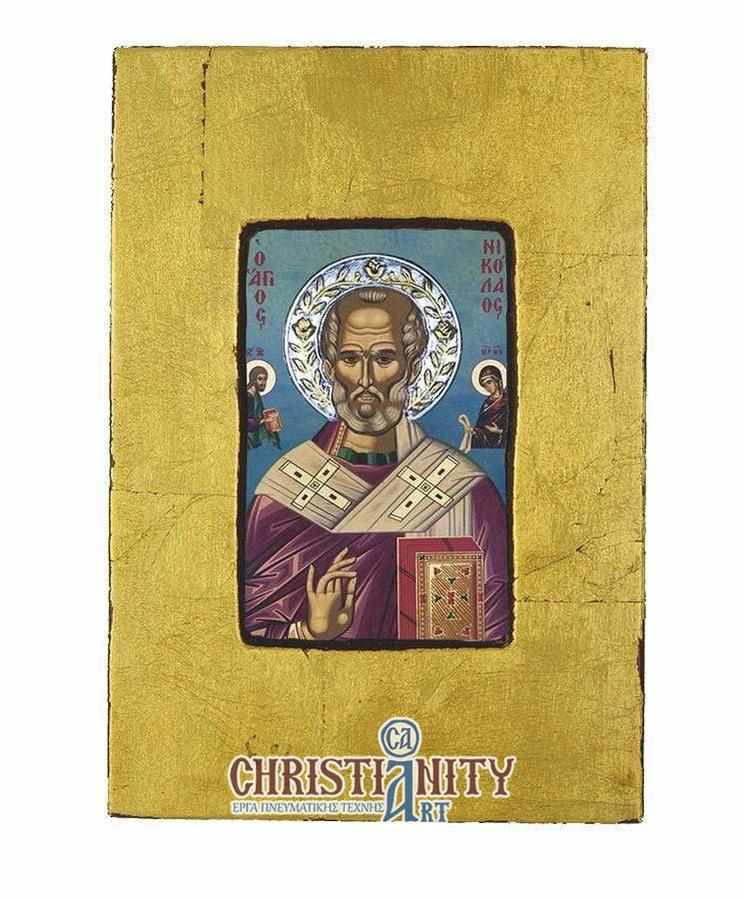 Saint Nikolaos - Aged wooden icon with a silver halo locally gilded - Mount Athos