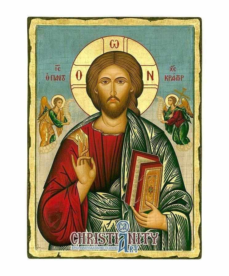 Christ Almighty - Engraved wooden image on canvas with golden background - Mount Athos