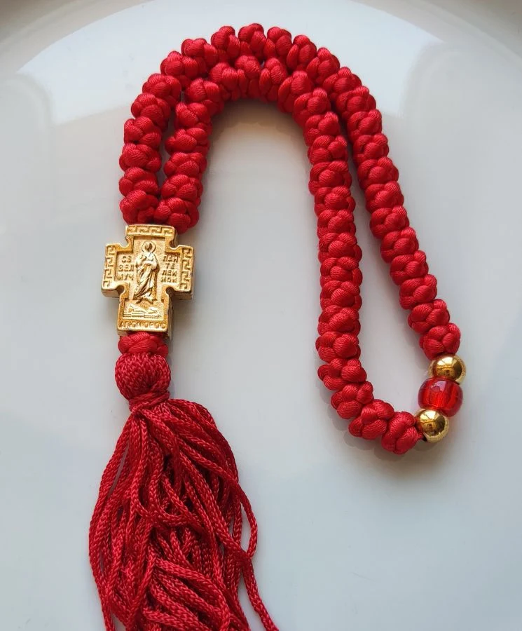 Athonite Waxed Prayer Rope with 50 Knots, Embossed Metal Cross & Tassel – Red — additional product image 3 from Christianity Art