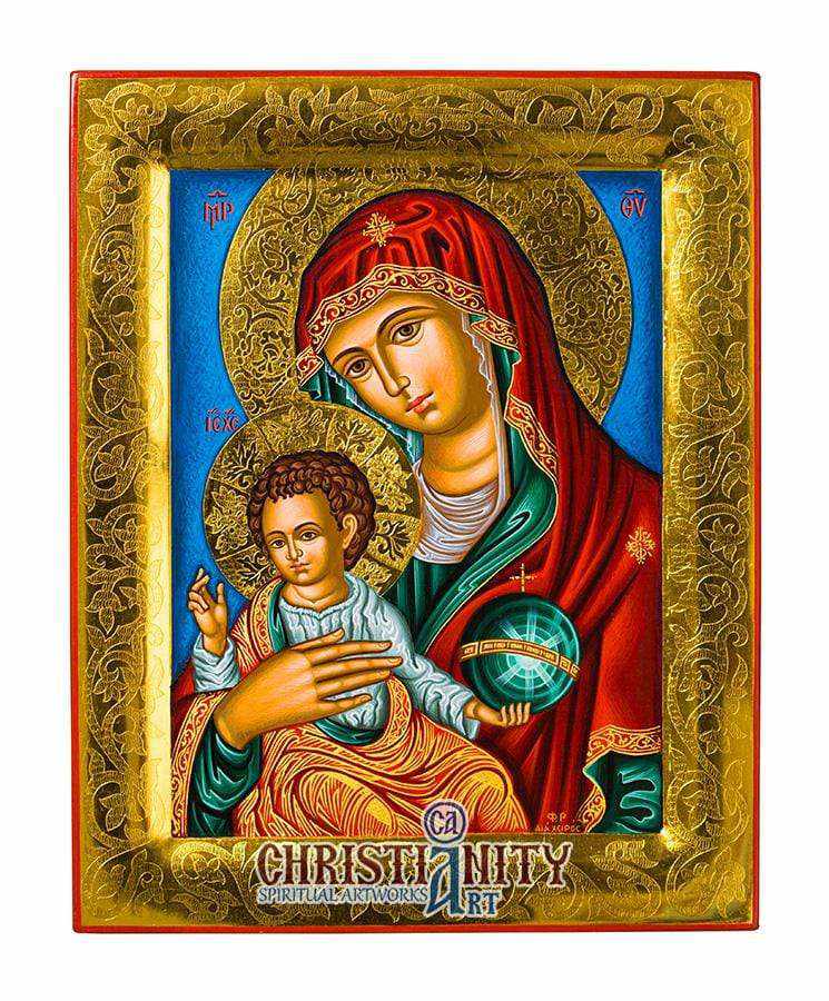 Virgin Mary Babykratesa - Stylvoti 100% handmade image on canvas with gold background 24 carats in specially processed wood - Mount Athos