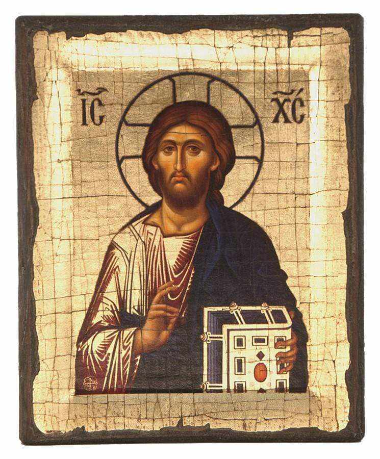 Jesus Christ Holy Monastery of Vatopedi - Engraved wooden aged image on canvas with golden background - Mount Athos — additional product image 5 from Christianity Art
