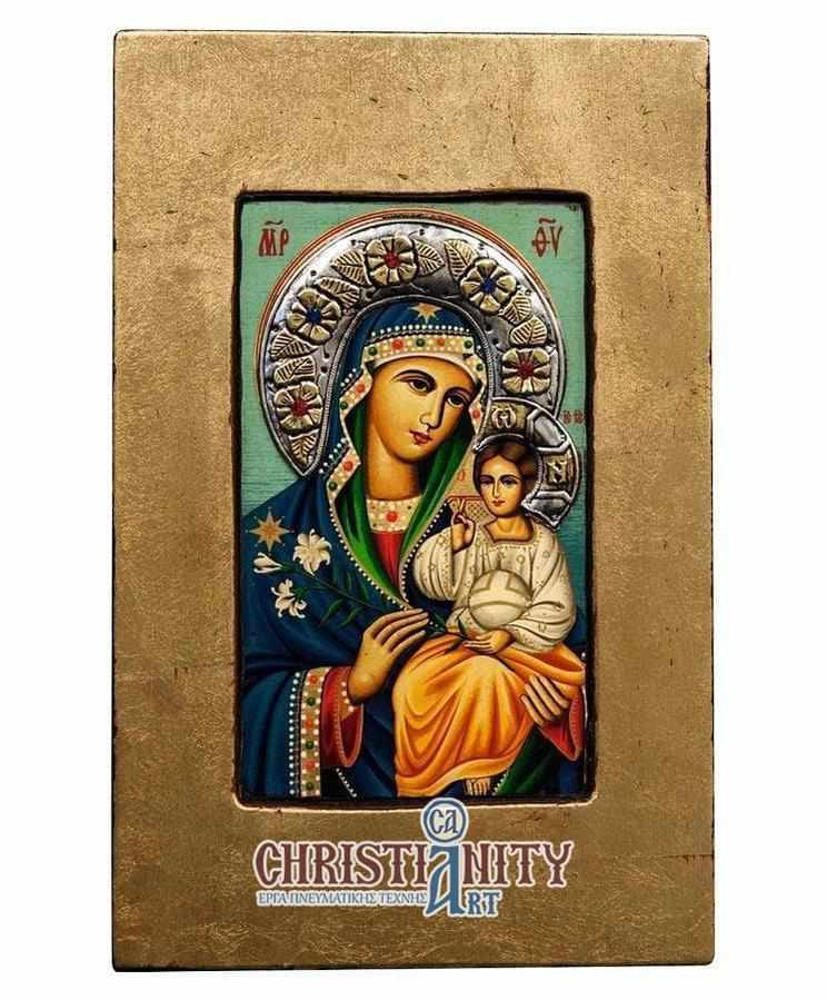 Virgin Mary of Lilies - Old wooden image with silver halo locally gold plated - Mount Athos — additional product image 2 from Christianity Art