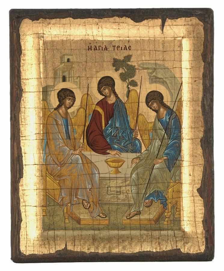 The Holy Trinity - Engraved wooden aged image on canvas with golden background - Mount Athos — additional product image 5 from Christianity Art