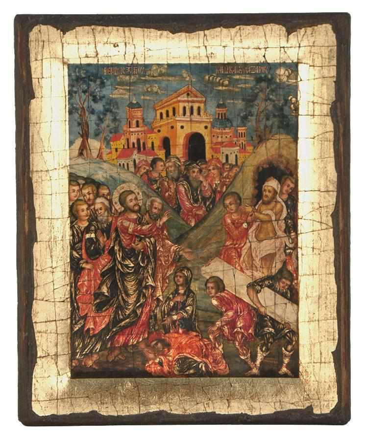 The Rise of Lazarus - Engraved wooden aged image on canvas with golden background - Mount Athos — additional product image 5 from Christianity Art