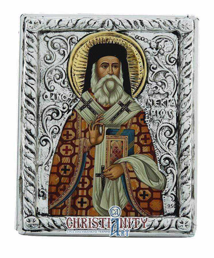 Saint Nektarios - Silver icon on wood, locally gilded - Mount Athos
