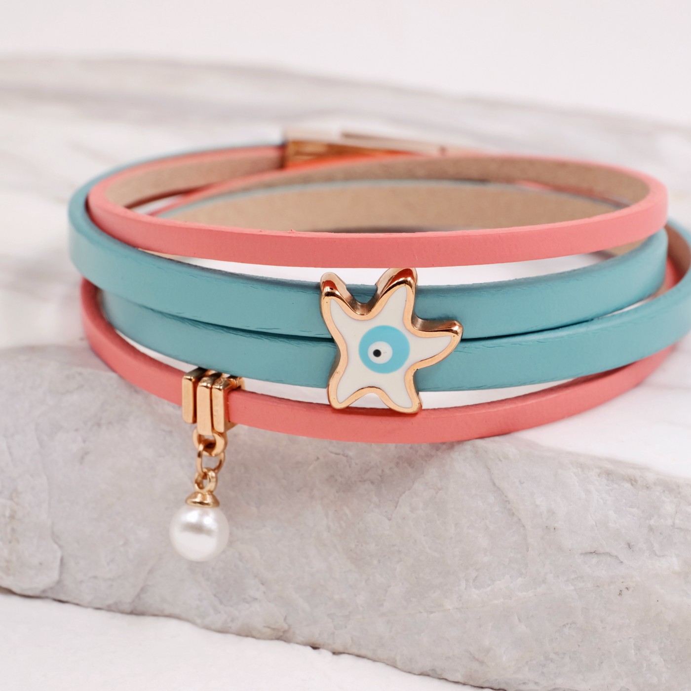 Leather Bracelet with Starfish & Pearl | Coral - Turquoise — Bracelets from Toolittle — additional view 3