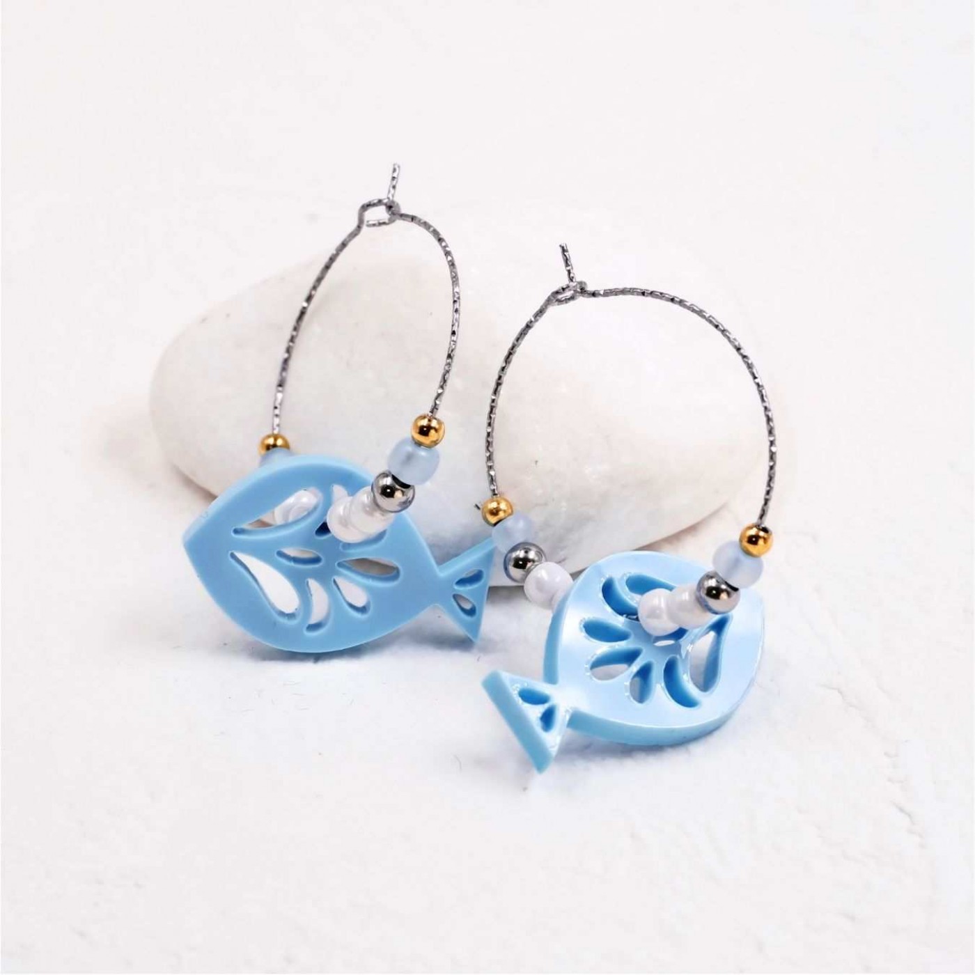 Hoop Earrings - Resin Fish Light Blue — Earrings from Toolittle — additional view 2