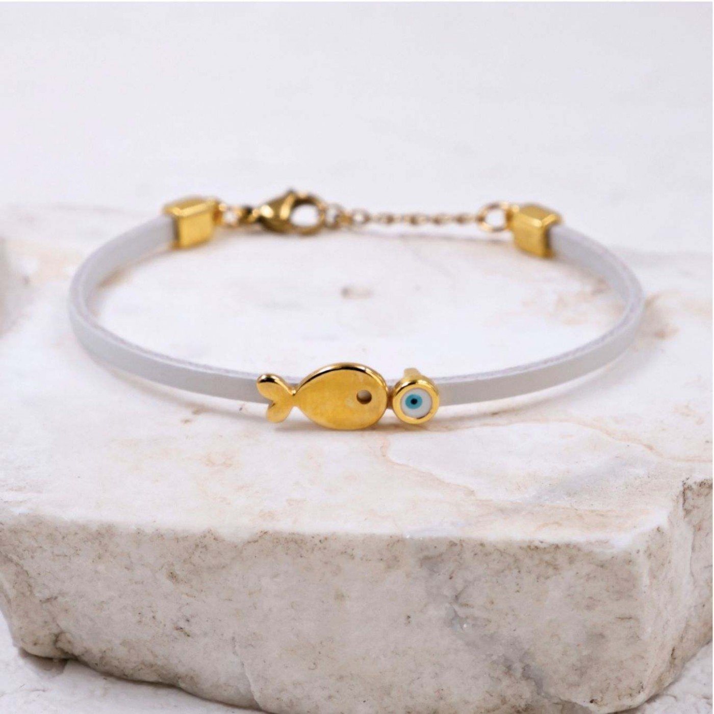 Handcrafted Leather Bracelet | Gold-plated Fish & Evil Eye — Bracelets from Toolittle — additional view 2