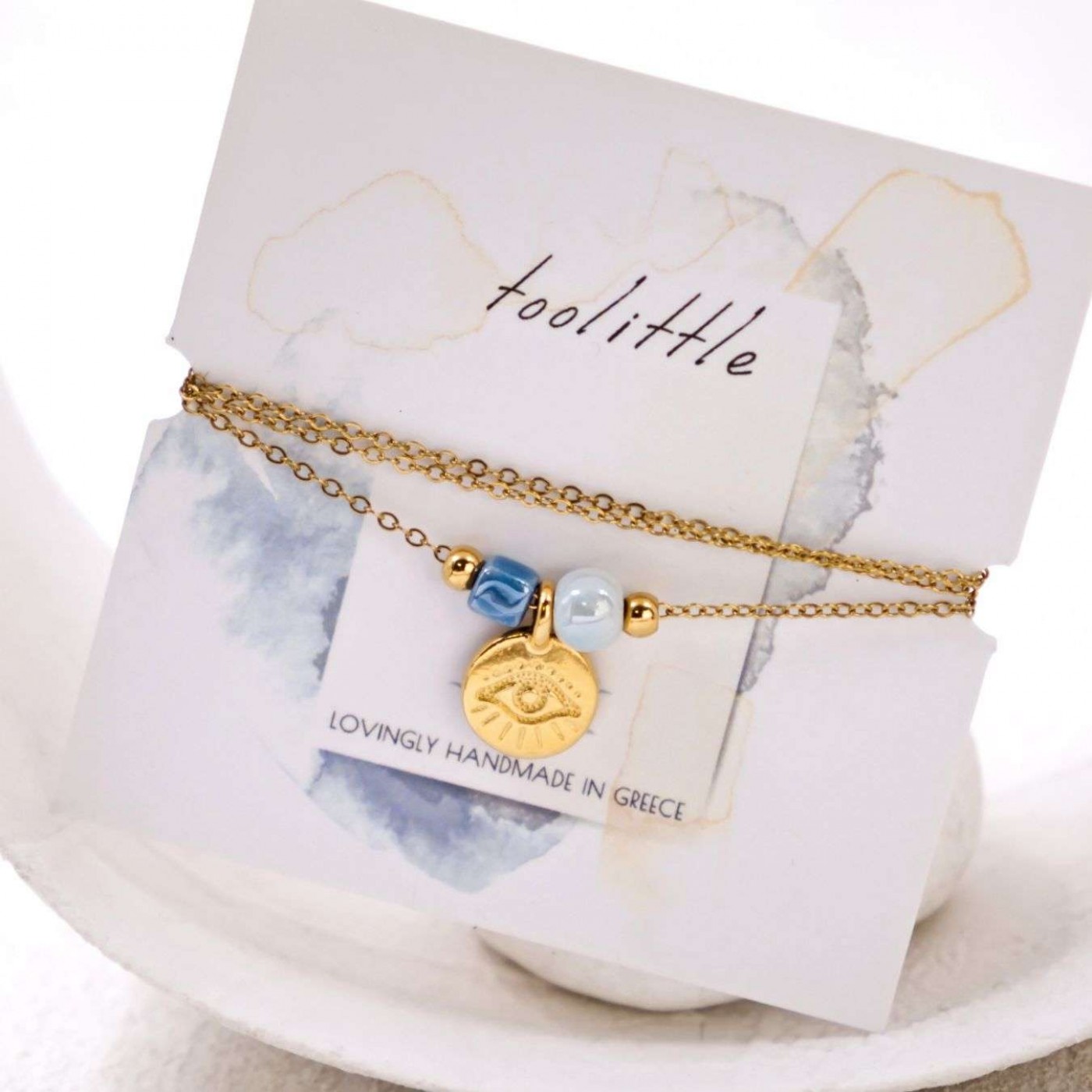 Handmade Gold-plated Necklace: Evil Eye & Ceramic Beads — Necklaces from Toolittle — additional view 6