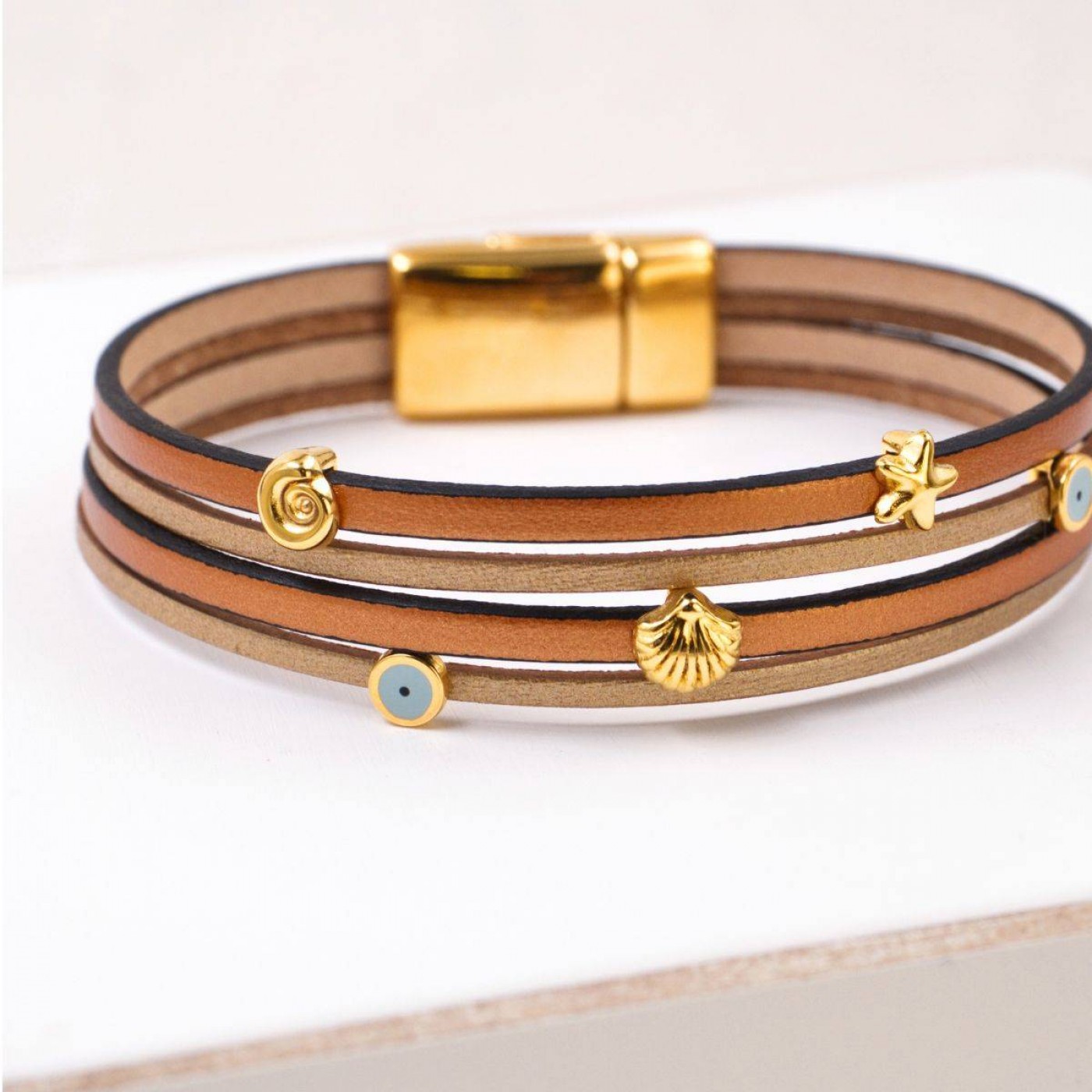 Leather Bracelet with Sea Parts & Evil Eye | Brown — Bracelets from Toolittle — additional view 4