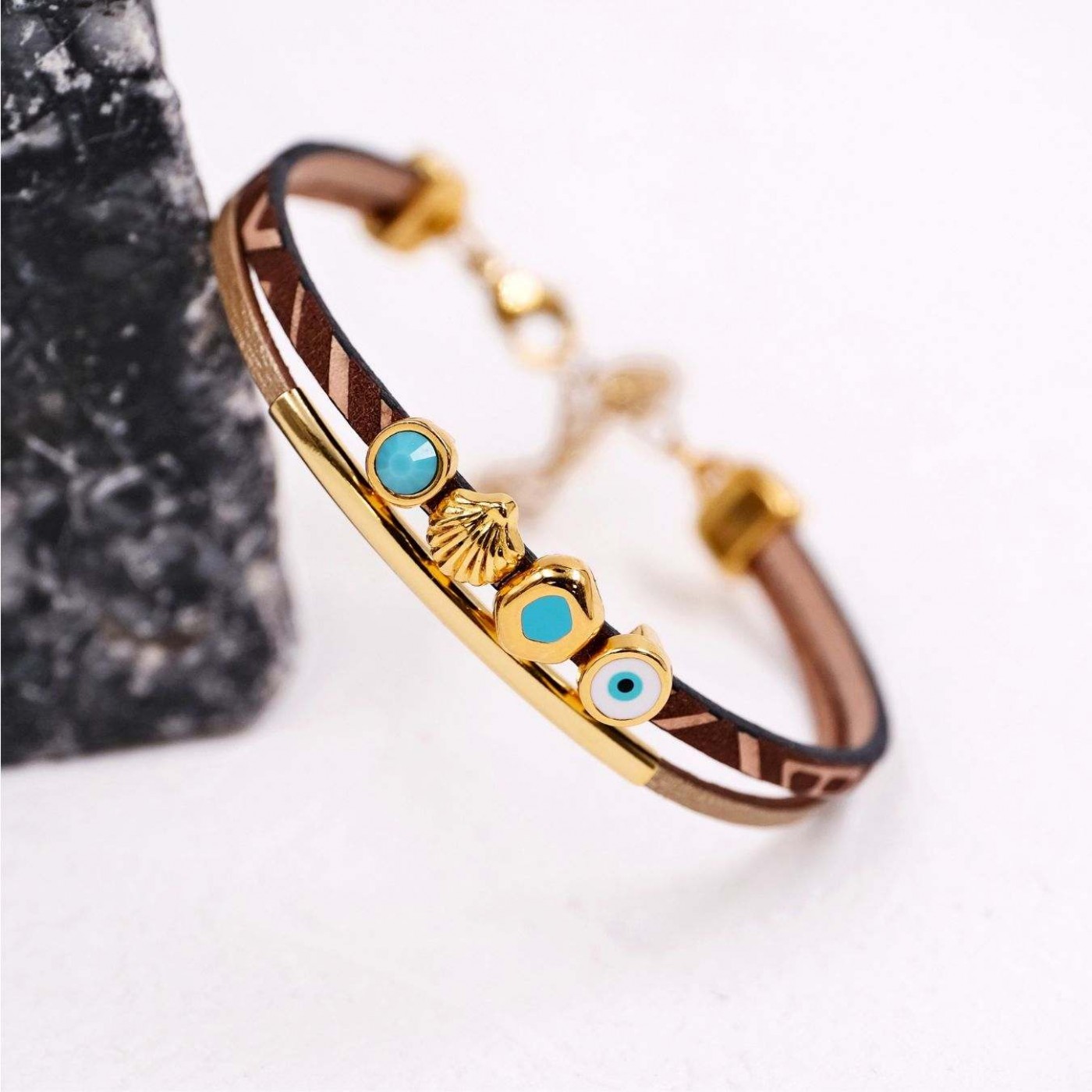 Engraved Leather Bracelet | Sea Shell & Enamelled Evil Eye — Bracelets from Toolittle — additional view 4