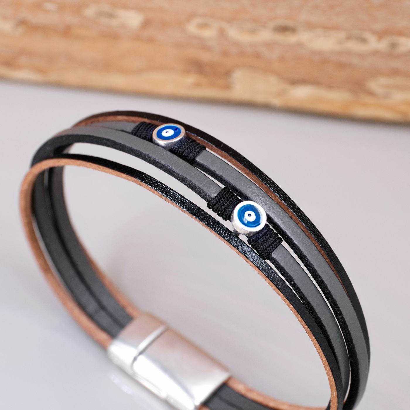 Leather Men's Bracelet with Evil Eyes — Bracelets from Toolittle — additional view 3