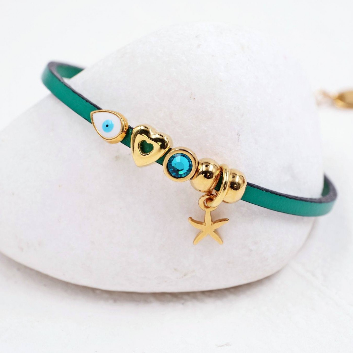 Leather Bracelet | Evil Eye Drop & Starfish - Green — Bracelets from Toolittle — additional view 3