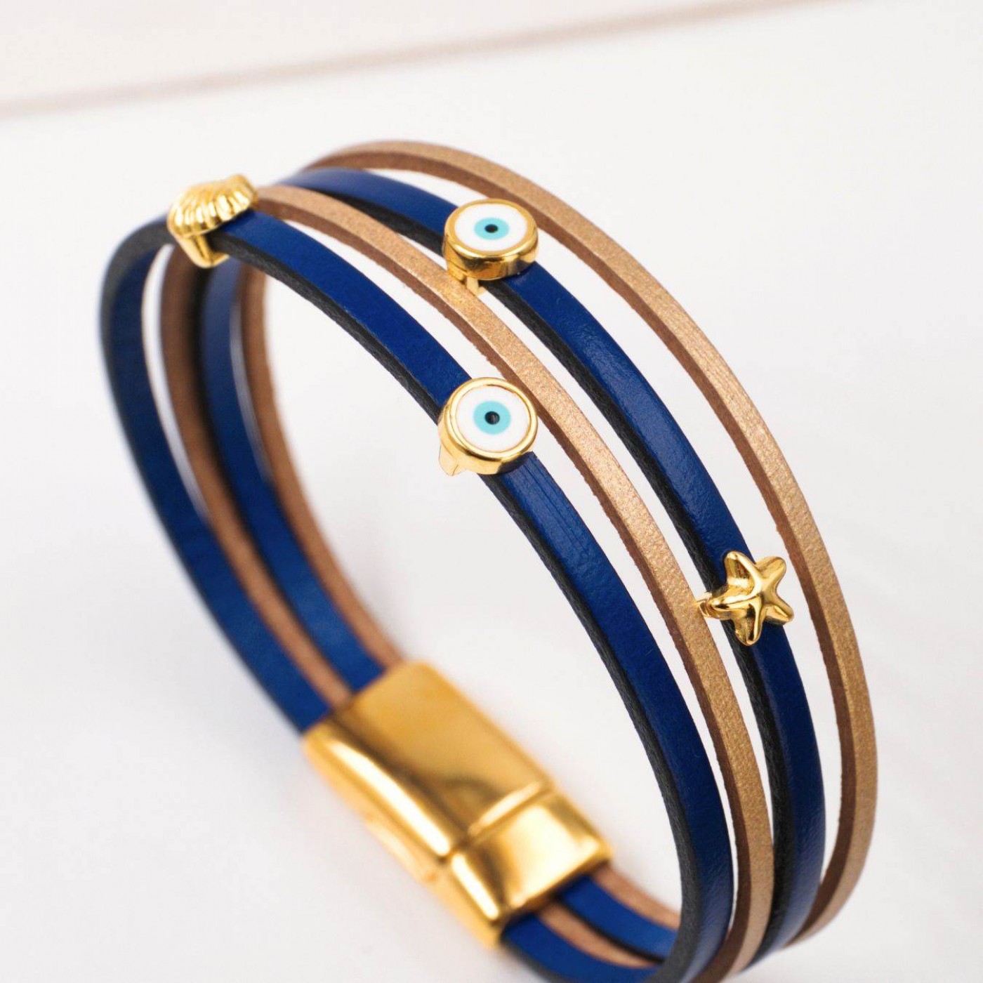 Leather Bracelet with Sea Parts & Evil Eye | Blue — Bracelets from Toolittle — additional view 4