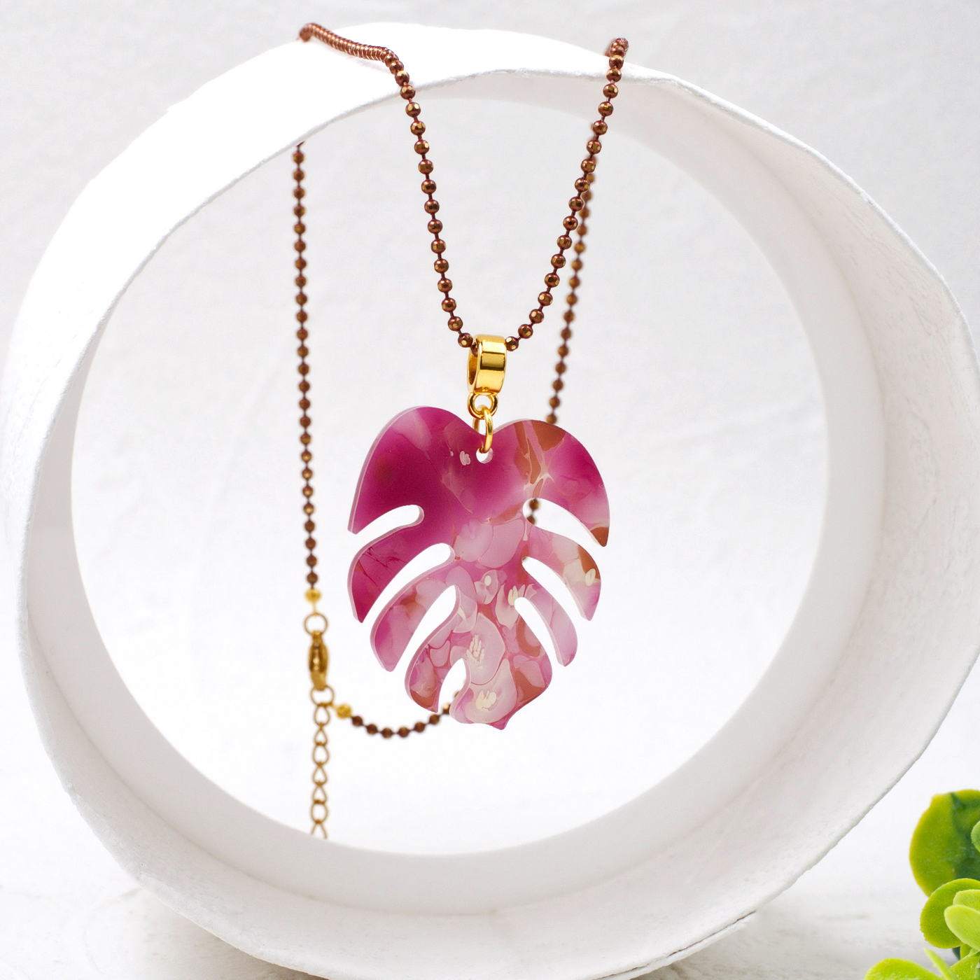 Toolittle Long Necklace - Resin Leaf Fuchsia — Necklaces from Toolittle — additional view 4