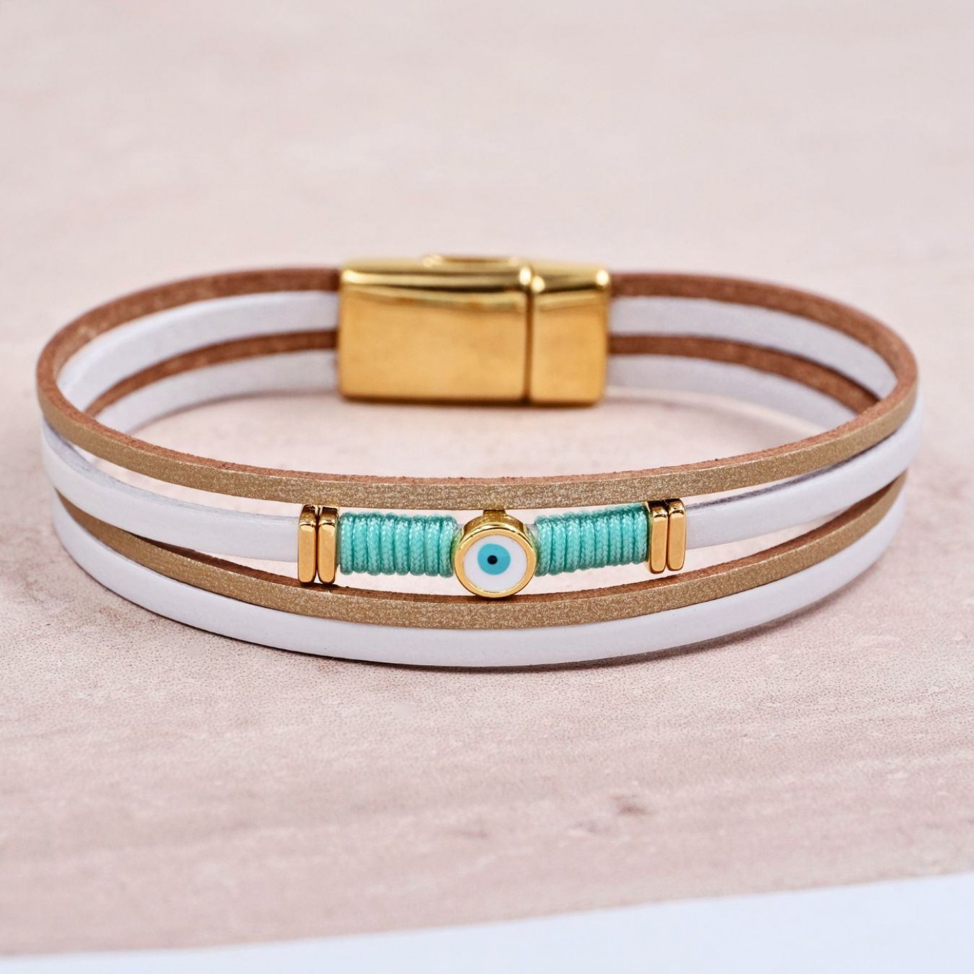 Bronze-White Leather Bracelet | Enamel Evil Eye — Bracelets from Toolittle — additional view 2