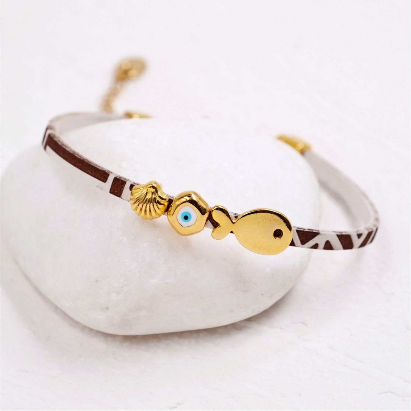 Gold-plated Fish Bracelet | Engraved Leather - Brown — Bracelets from Toolittle — additional view 5