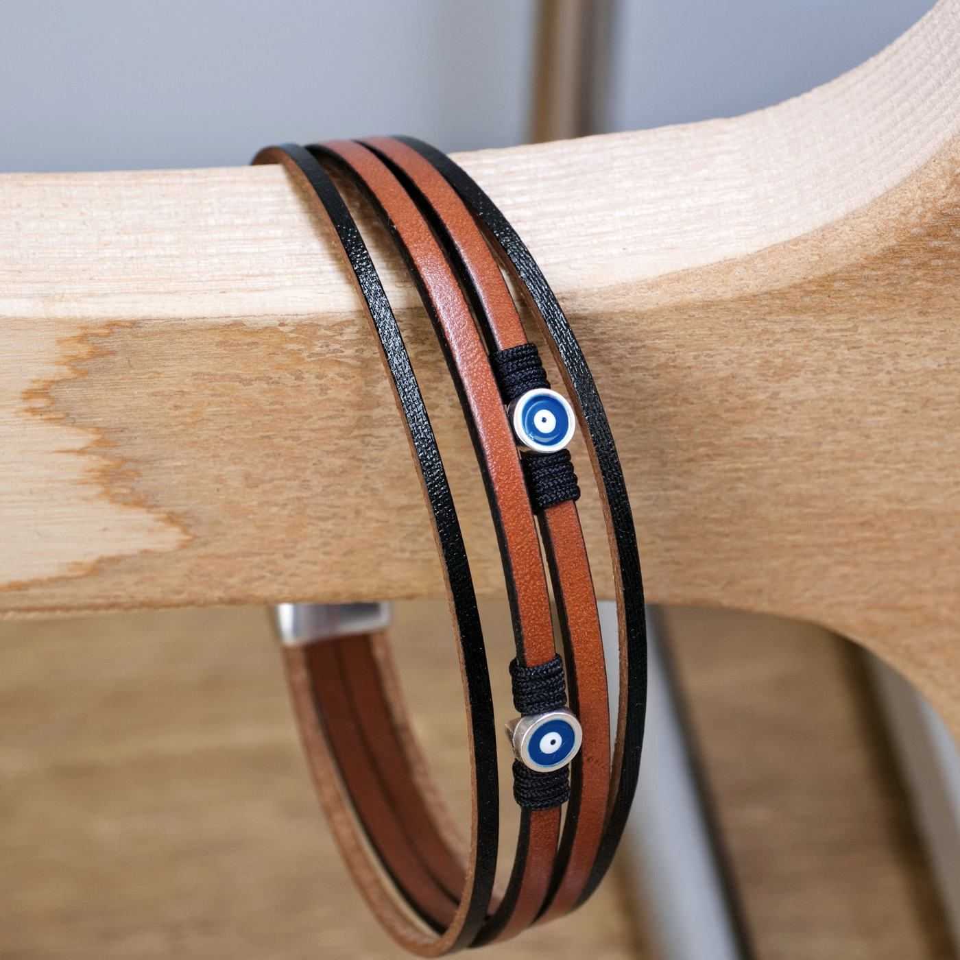Leather Men's Bracelet with Evil Eyes — Bracelets from Toolittle — additional view 3