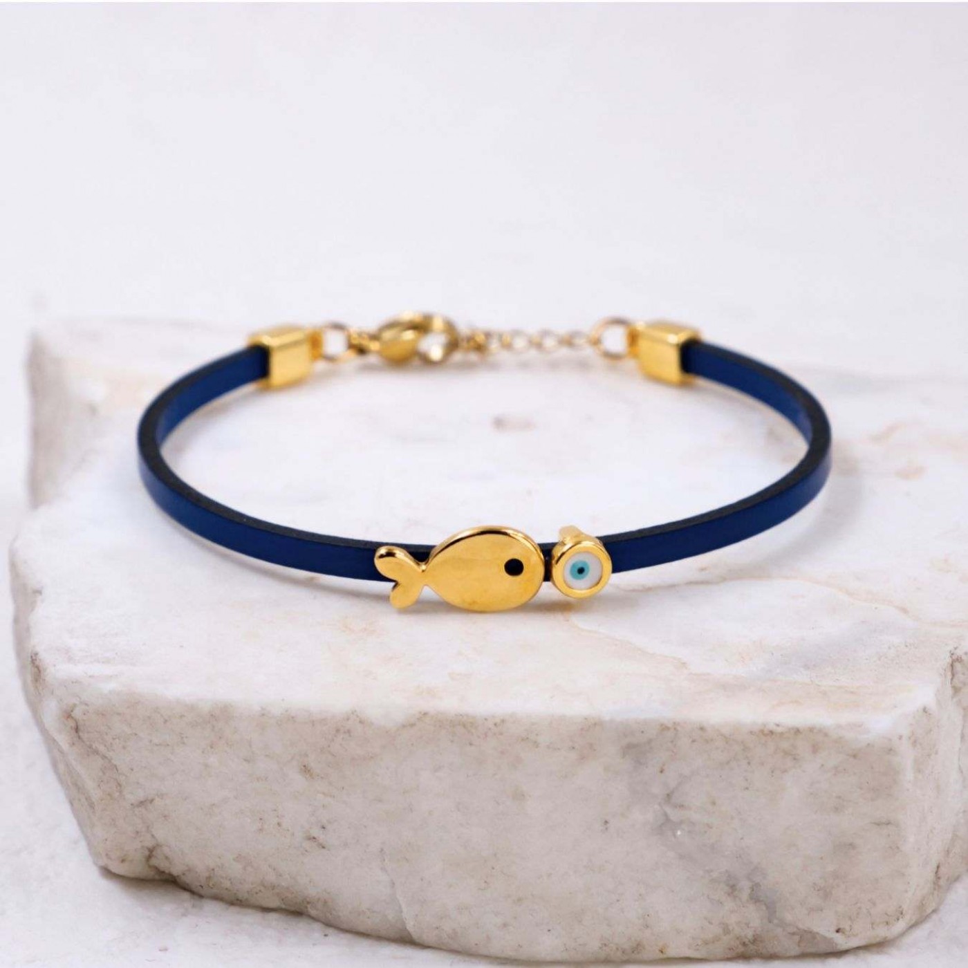 Handcrafted Leather Bracelet | Gold-plated Fish & Evil Eye — Bracelets from Toolittle — additional view 3