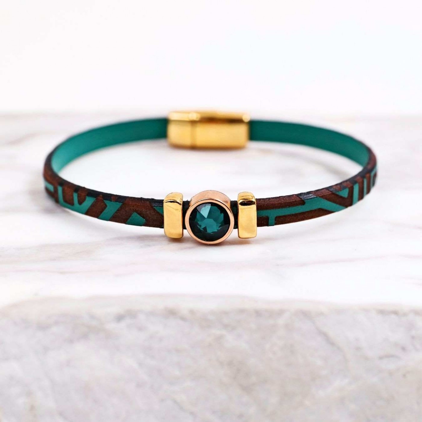 Swarovski Crystal Bracelet | Engraved Leather - Green — Bracelets from Toolittle — additional view 2