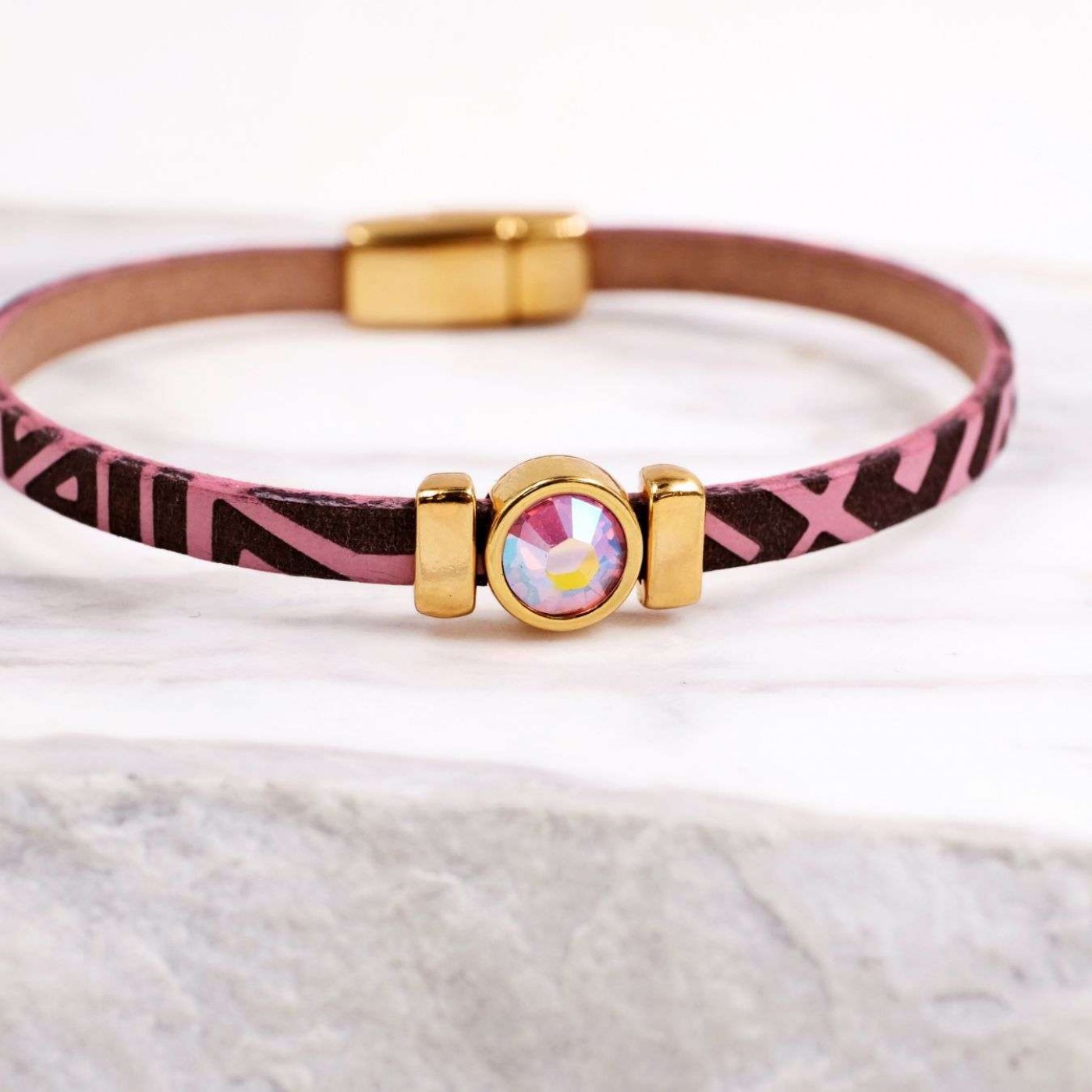 Swarovski Crystal Bracelet | Engraved Leather - Pink — Bracelets from Toolittle — additional view 3