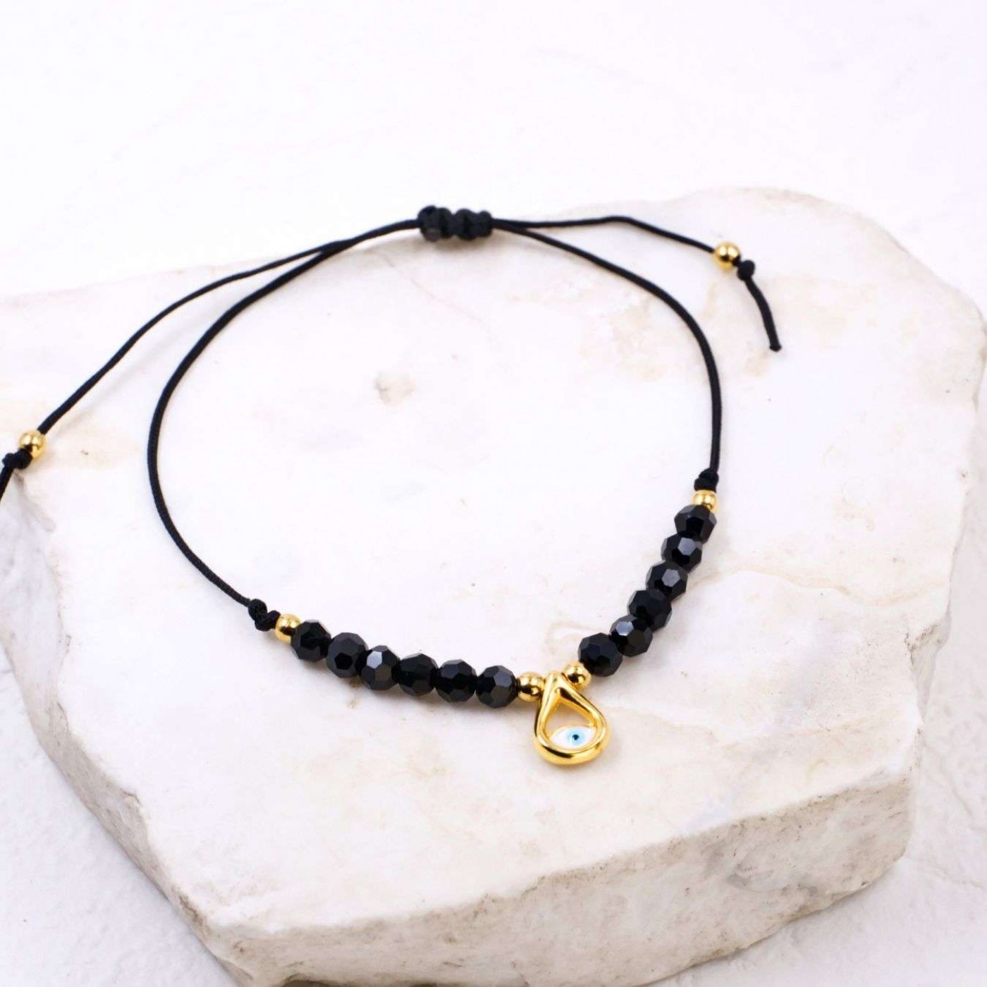 Macramé Bracelet with Gold-Plated Evil Eye & Crystals | Black — Bracelets from Toolittle — additional view 2
