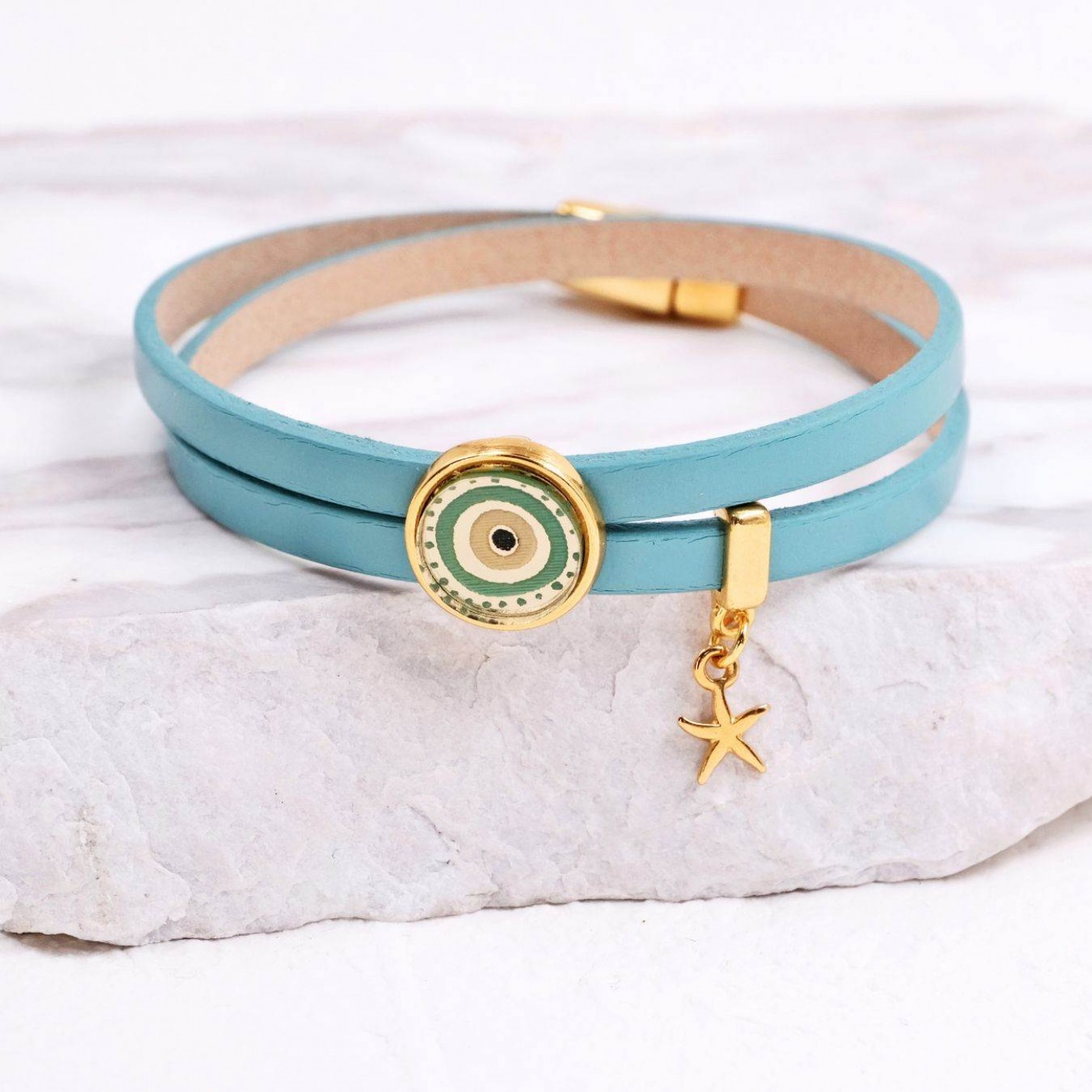 Double-wrapped Leather Bracelet - Plexiglass Evil Eye — Bracelets from Toolittle — additional view 2