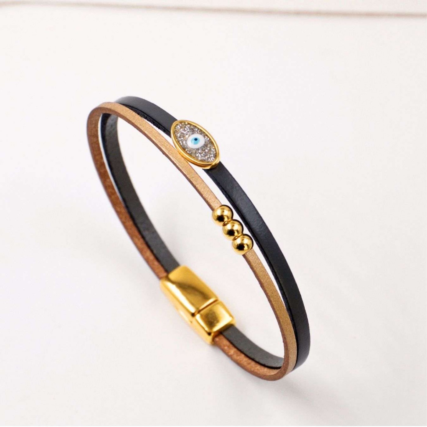 Evil Eye Handcrafted Leather Bracelet with Magnetic Clasp | Black — Bracelets from Toolittle — additional view 2