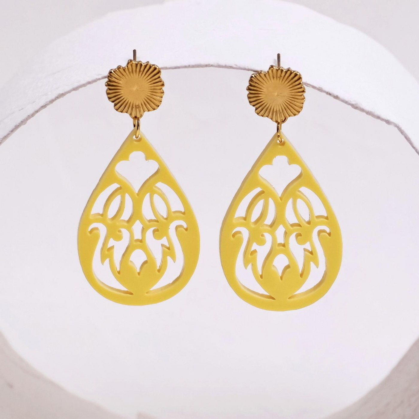 Gold-Plated Earrings | Resin Drops with Pattern - Yellow — Earrings from Toolittle — additional view 3