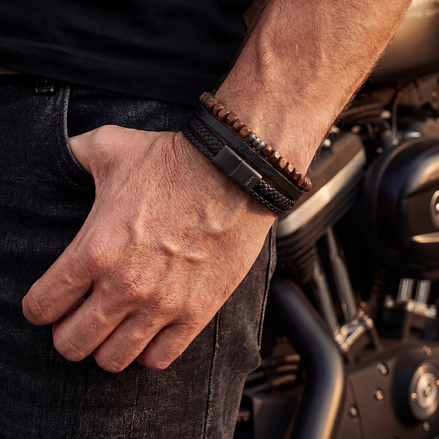 Men's Bracelet | Stainless Steel & Wooden Stones — Bracelets from Toolittle — additional view 2