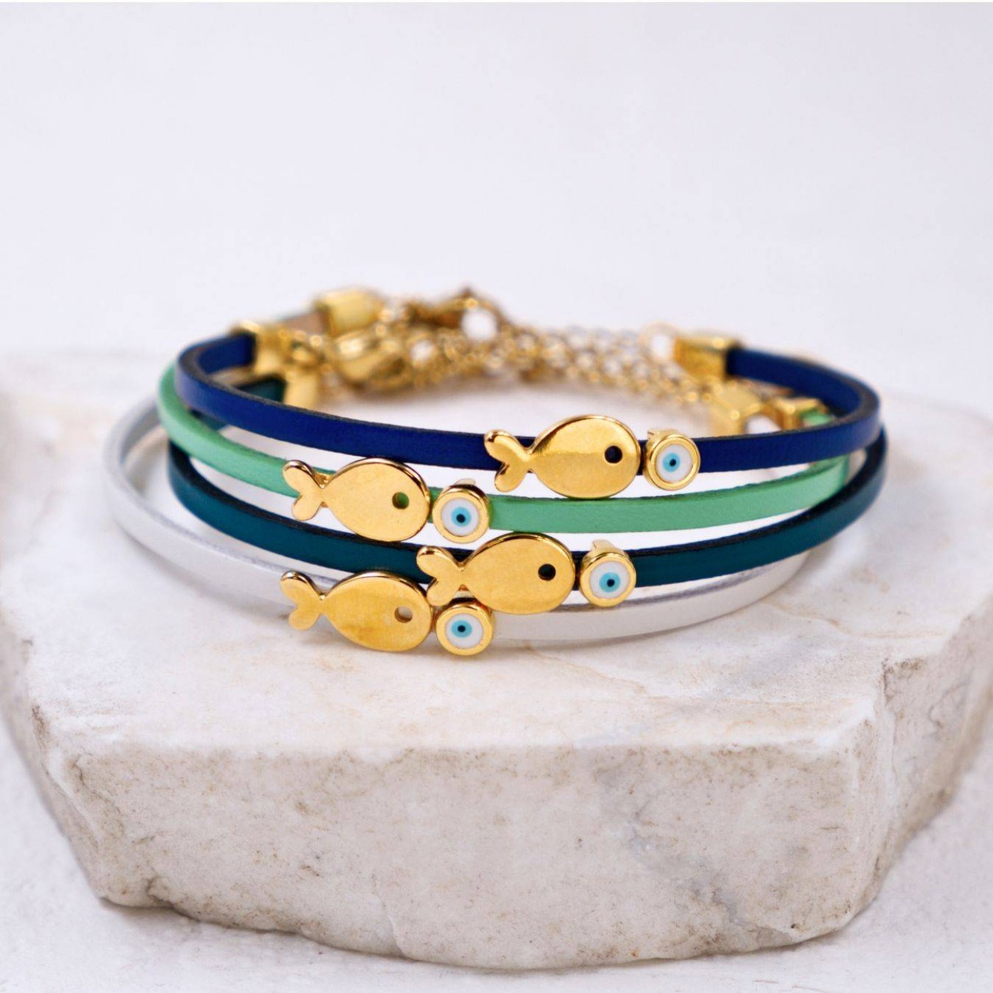 Handcrafted Leather Bracelet | Gold-plated Fish & Evil Eye — Bracelets from Toolittle — additional view 4