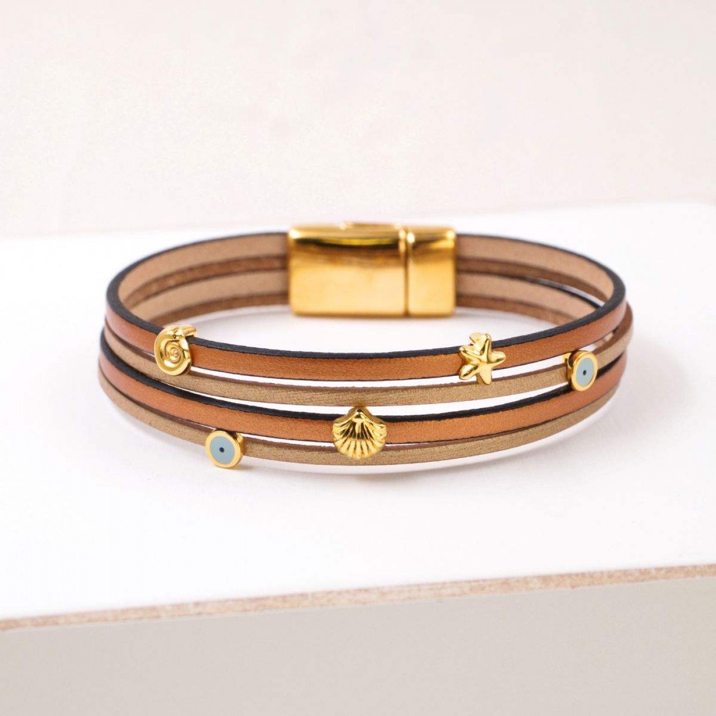Leather Bracelet with Sea Parts & Evil Eye | Brown — Bracelets from Toolittle — additional view 2