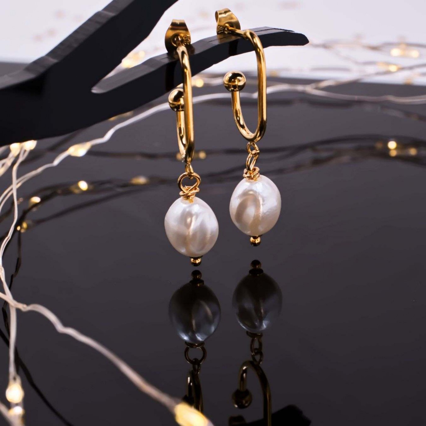 Steel Dangle Earrings - Fresh Water Pearls