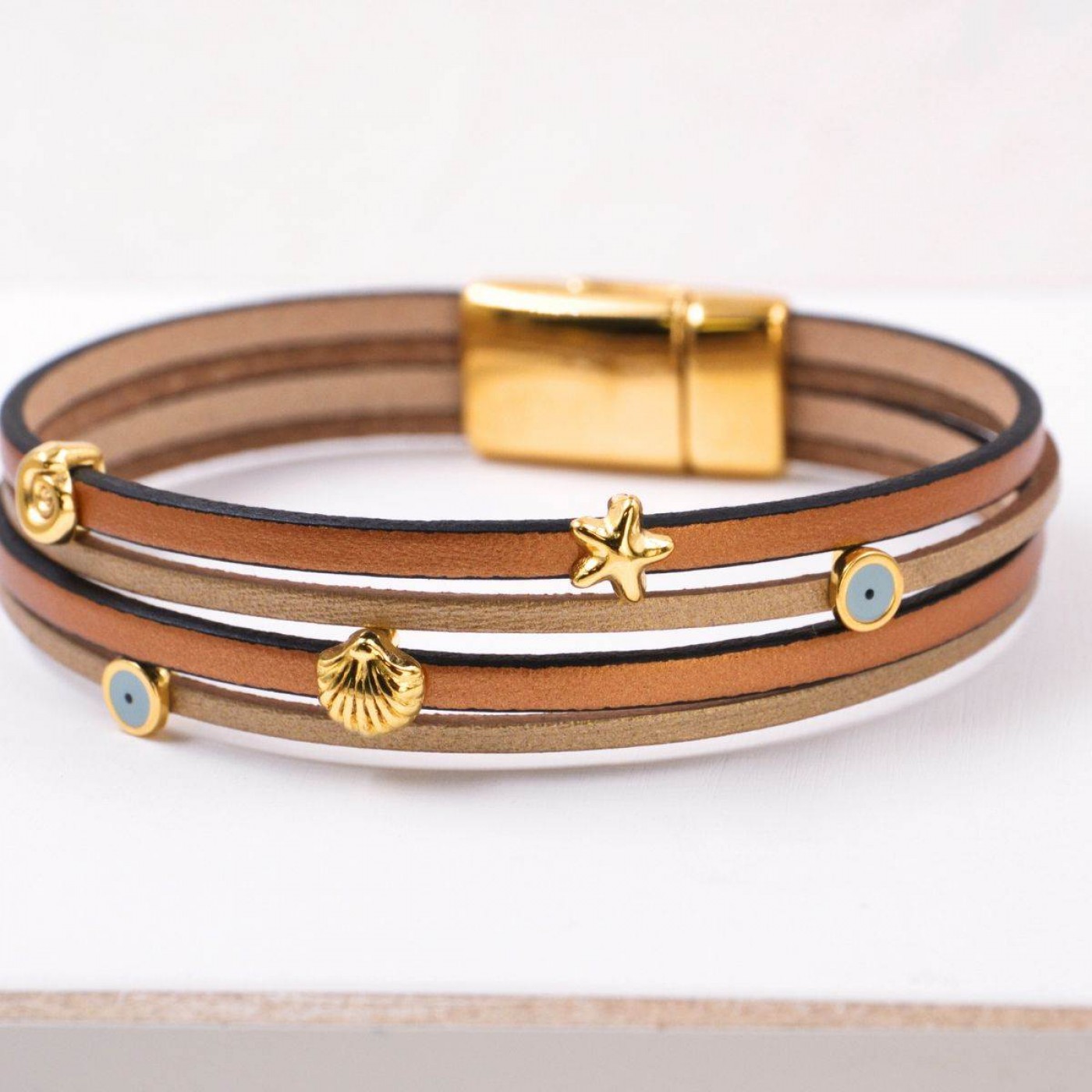 Leather Bracelet with Sea Parts & Evil Eye | Brown — Bracelets from Toolittle — additional view 5
