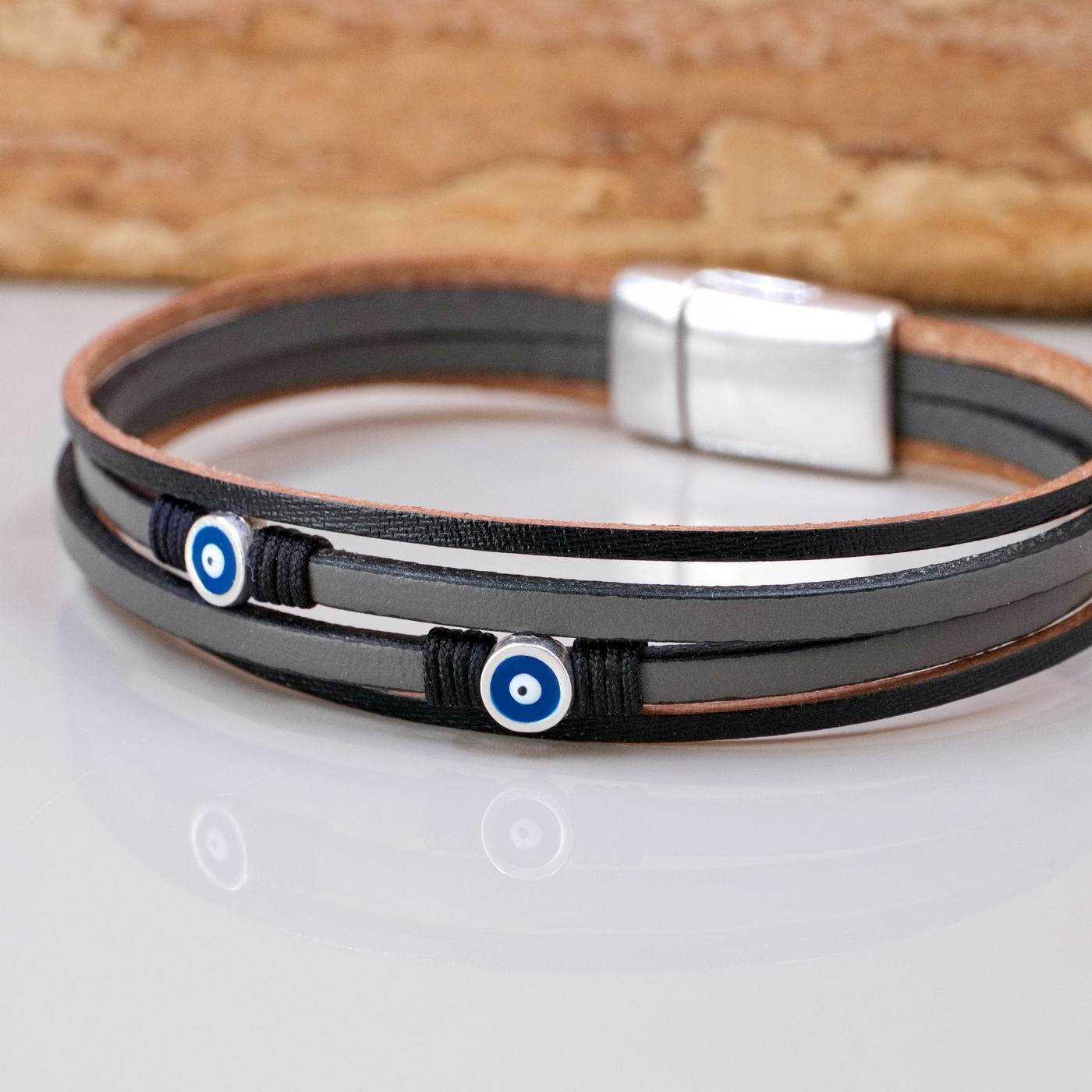 Leather Men's Bracelet with Evil Eyes — Bracelets from Toolittle — additional view 2